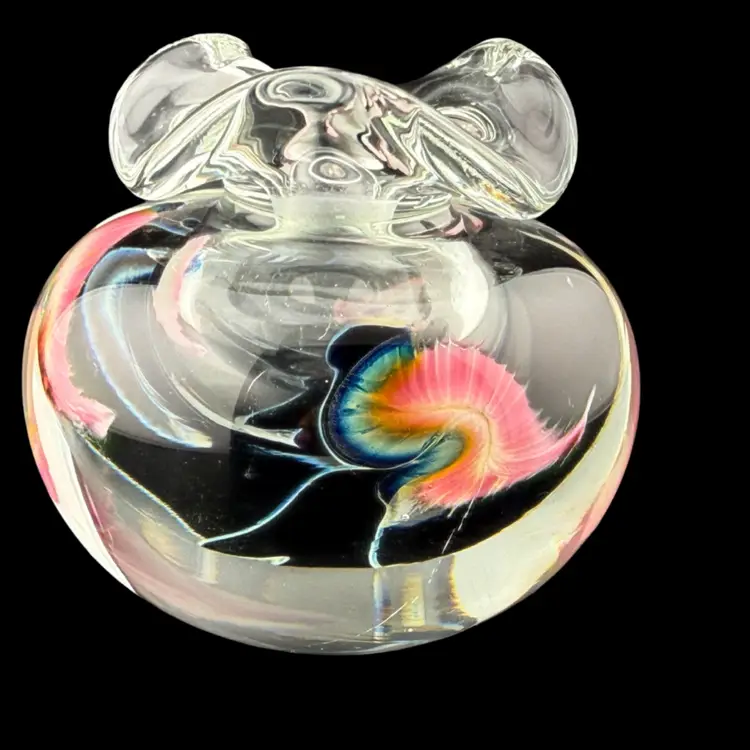 Signed Lotton Studios J Heer 1996 Art Glass Floral Perfume Bottle 2 1/4" No Stopper