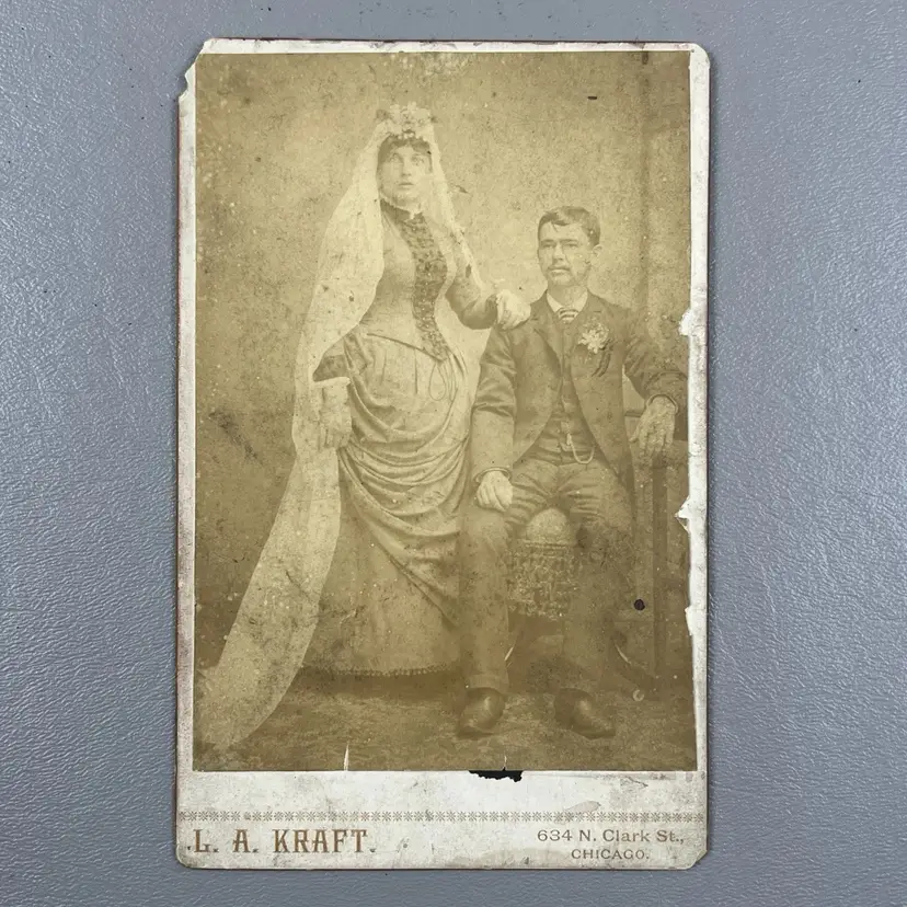 Antique Cabinet Card Wedding Portrait Chicago Illinois L.A. Kraft Bride Groom
