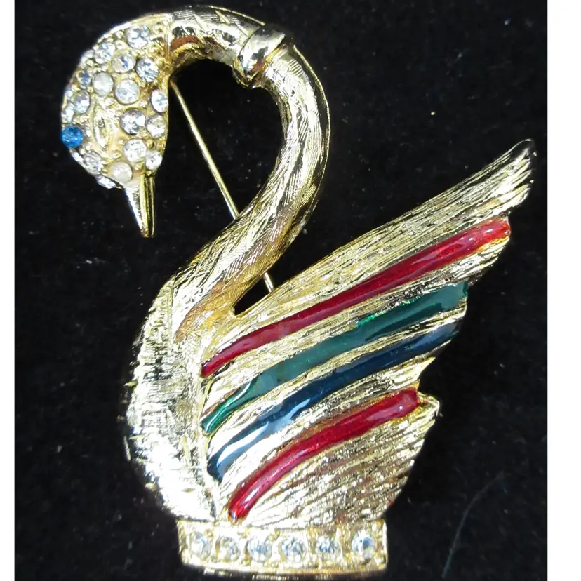 Vintage Colorful Enamel on Gold Tone Metal with Crystal Rhinestones Swan Brooch Pin - 2.5 Inches Tall