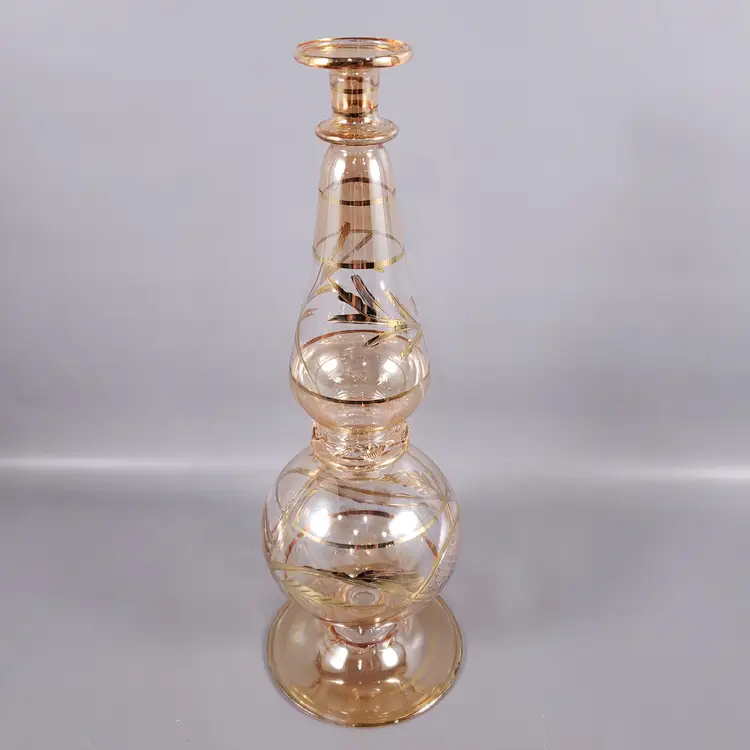 Vintage EGYPTIAN Blown Glass Etched Floral Gold 11¾" PERFUME BOTTLE