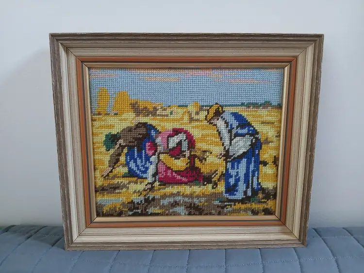 Vintage Framed Needlepoint Farm Fields Wall Art