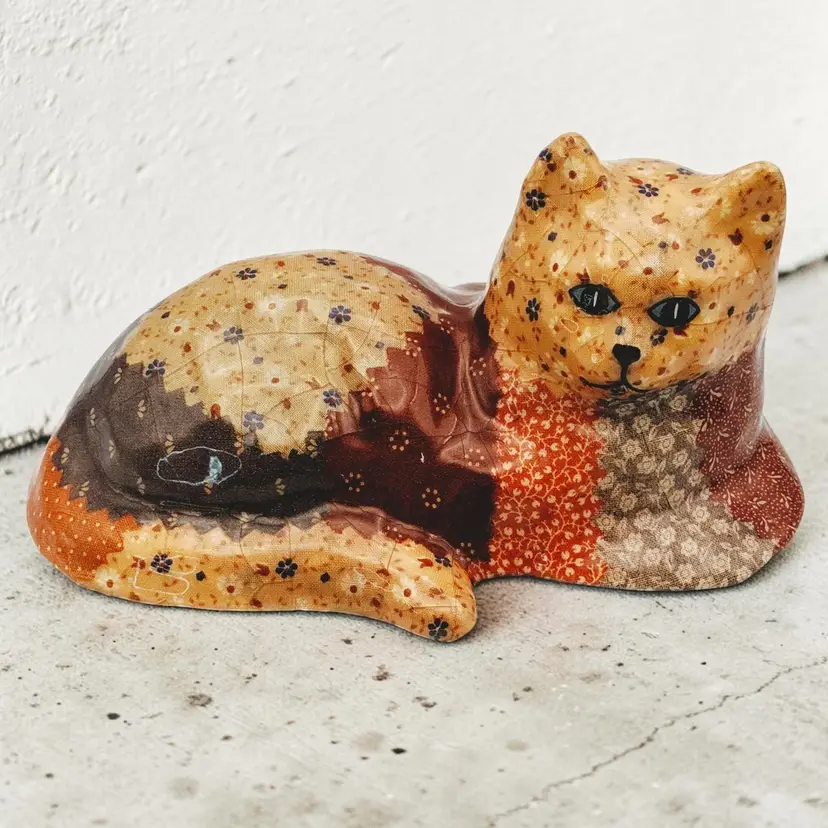 Cat Kitty Figurine Floral Chinz Decoupage In Earthtones By Joan Baker Designs