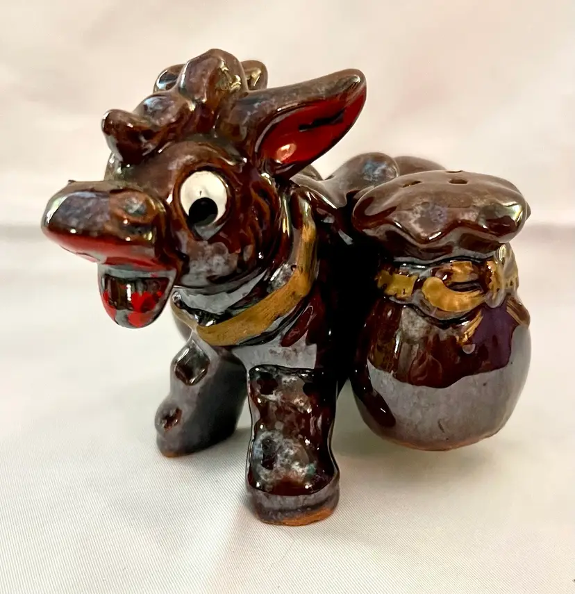 Vintage JAPAN Signed Salt & Pepper Shakers Burro Donkey Hauling Bags Brown