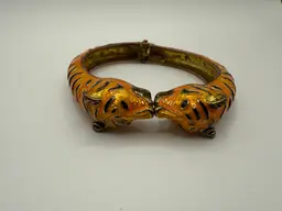 Vintage Enamel on Metal (Brass?) Clamper Magnetic Bracelet Tigers Kissing GLOW Enamel