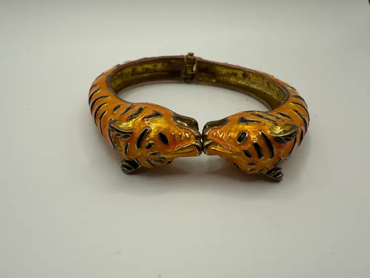 Vintage Enamel on Metal (Brass?) Clamper Magnetic Bracelet Tigers Kissing GLOW Enamel