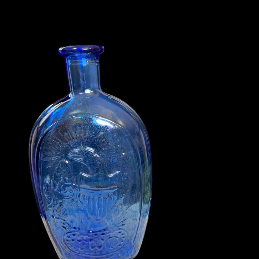 Cobalt Blue Glass Bottle-Has a Eagle w/ TWD Below on One Side, "Franklin" Old Style Ship w/ Sails on Other Side