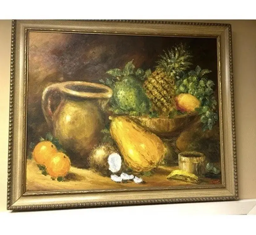 Vintage Fruit Oil Painting, Signed, Gold Wooden Frame (28x34 inches)
