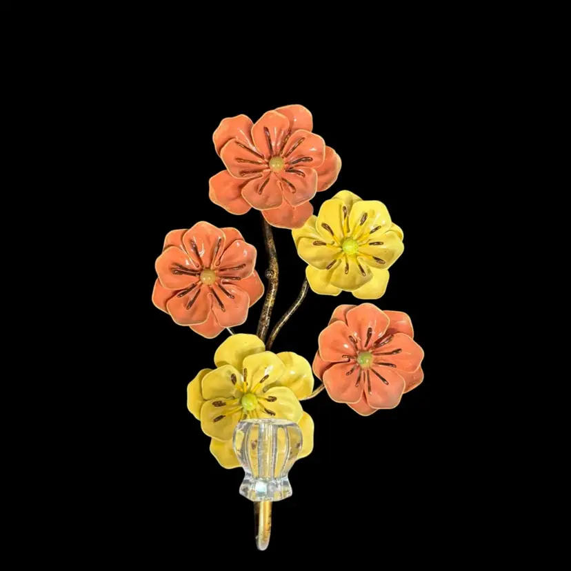 Decorative Wall Hook Orange And Yellow Enamel Metal Flowers Wall Decor
7-3/4” L x 5-1/4” W