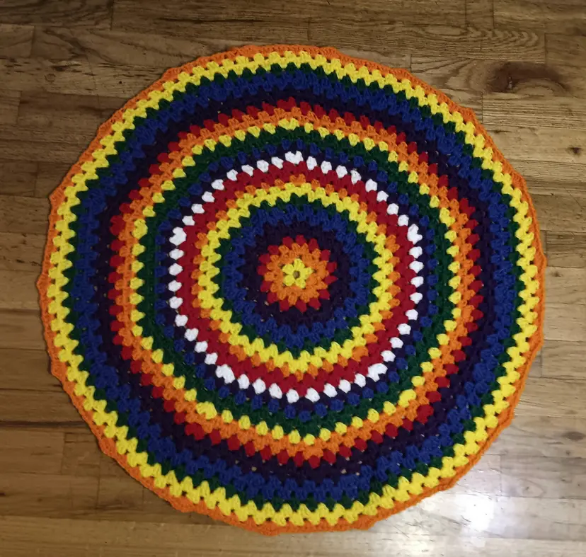 Vintage Rainbow Afghan Granny Core Crochet Round Blanket Throw 29" X 29"