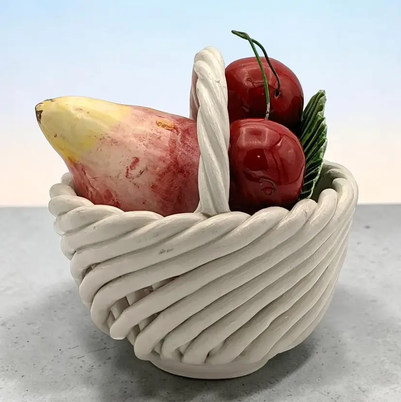 Capodimonte White Woven Basket Of Fruit Red Cherries Pear and Leaf Made in Italy