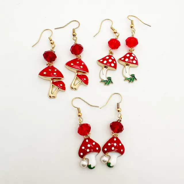 Mushroom Earrings Red Enamel Gold Tone Handmade Variants
