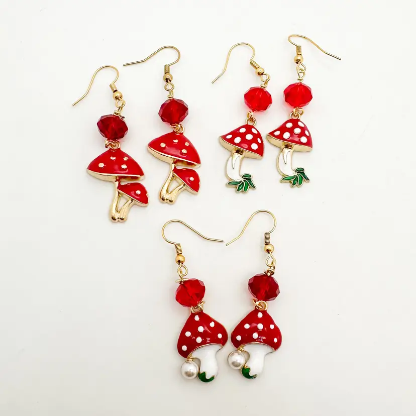 Mushroom Earrings Red Enamel Gold Tone Handmade Variants