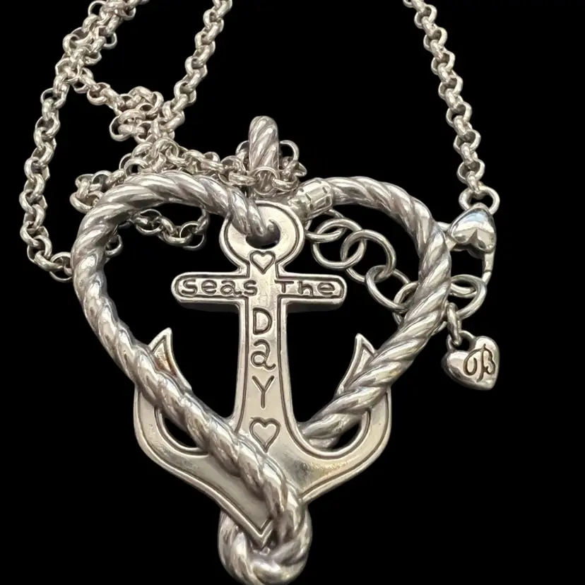 Brighton “Seas The Day” Silver Plated Links 18” Necklace With Heart-Anchor Pendant Beach Ocean Boats Fishing 22-24”