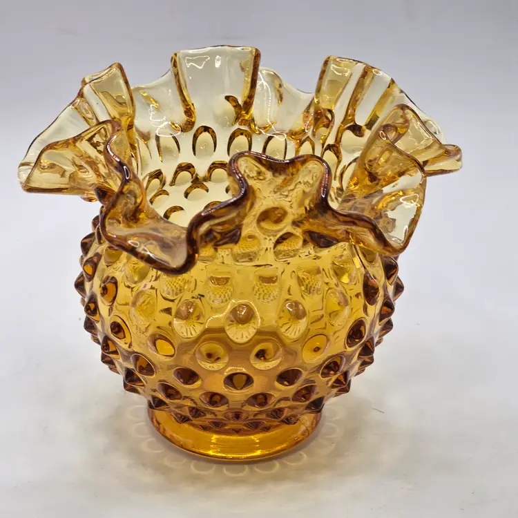Fenton Hobnail amber glass vase with edge Ruffled