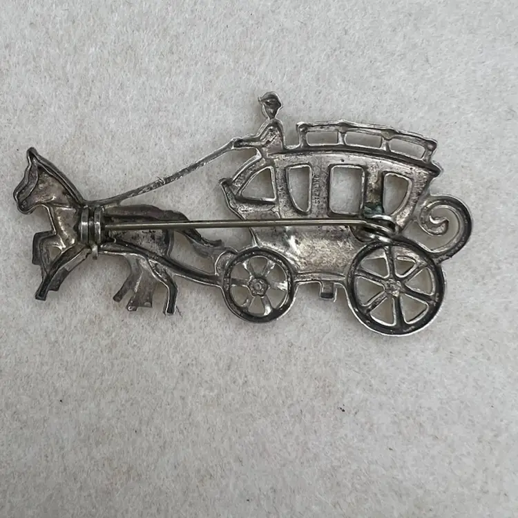 Vintage Sterling Brooch Pin Horse Stagecoach Carriage Buggy. 2.25 Inch