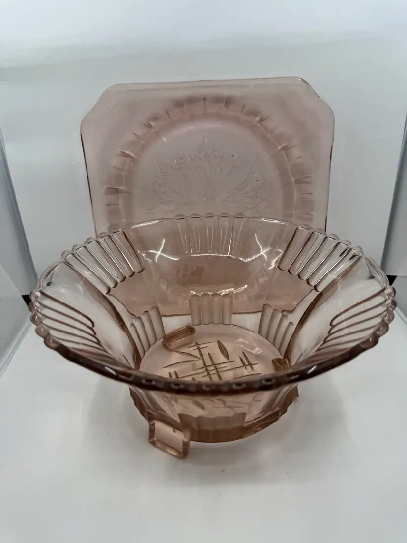 Pink Depression Glass Cake Plate And Bowl