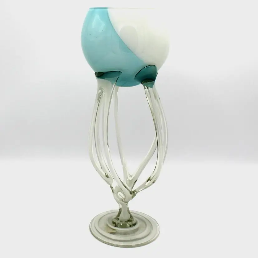 Vintage Jozefina Jellyfish Art Glass Sculpture Blue Swirl Design Votive Bowl