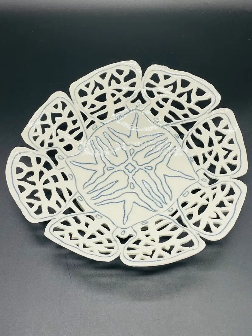 Abstract Cream/Blue Coral Like Centerpiece Bowl Signed