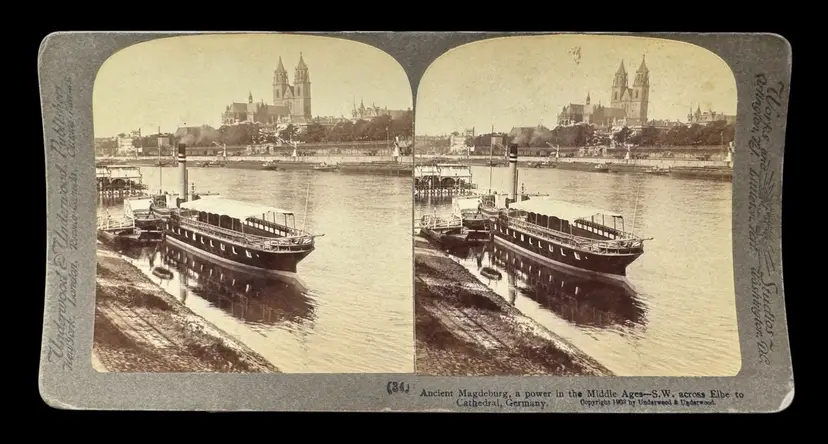 Real Photo Stereoview Stereograph Card Magdeburg Germany Elbe River Underwood