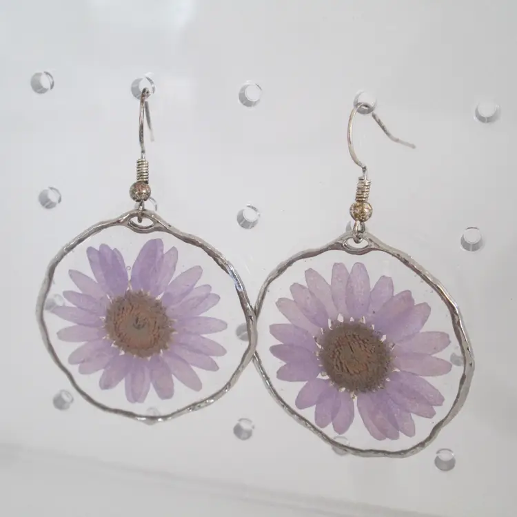 Artisan silver wrapped pink mini daisy flowers earrings