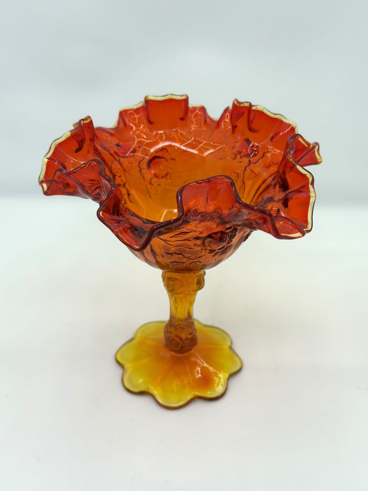 Amberina Glass Compote – Fenton Cabbage Rose Pedestal Dish, Mid Century, UV Glow