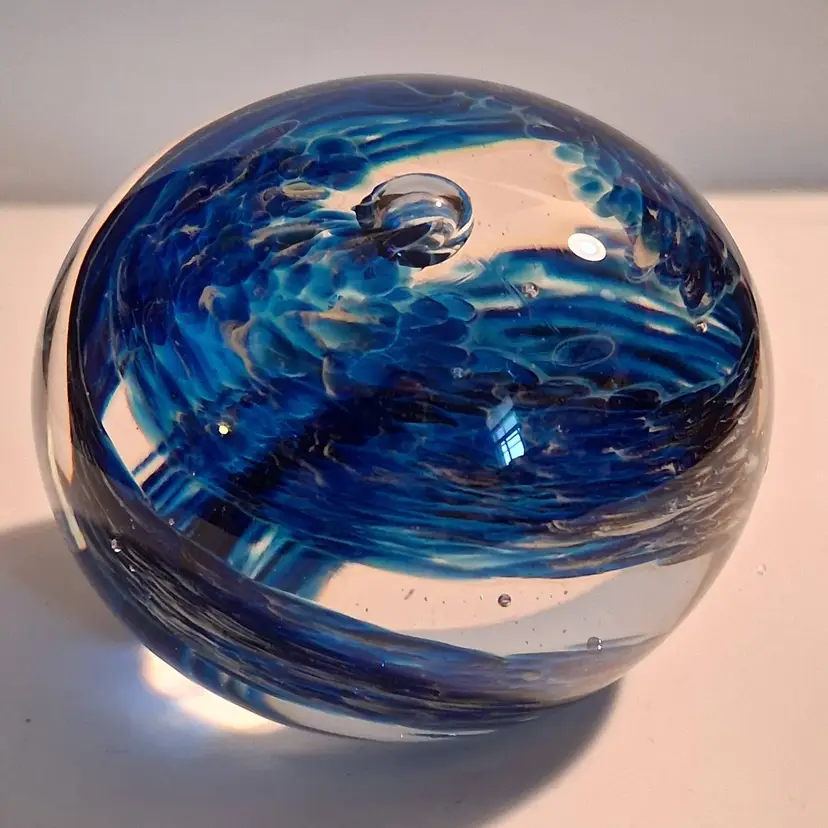 Vintage Studio Art Glass Blue & Grey Swirled Controlled Bubble Paperweight