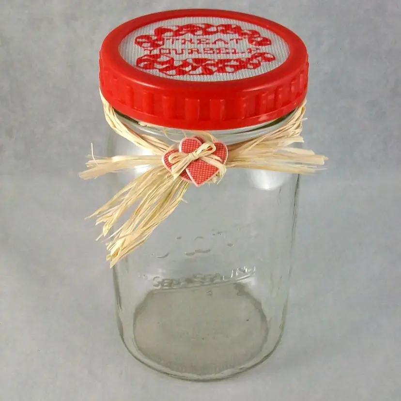 Cross Stitch Red White Peppermint Christmas Candies Mason Jar Storage Country Core