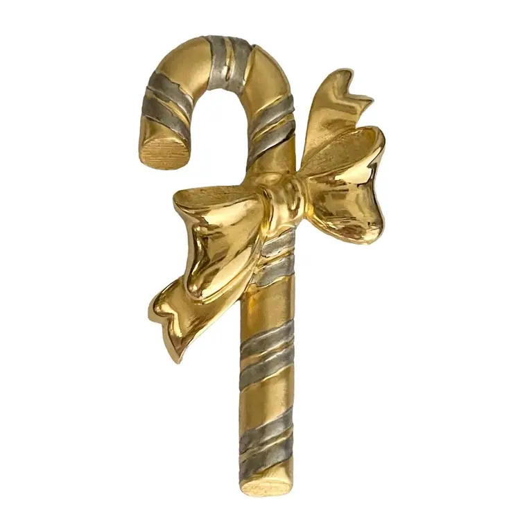 PAQUETTE CHRISTMAS CANDY CANE BROOCH Pin Silver Gold Tone Bow Signed VTG