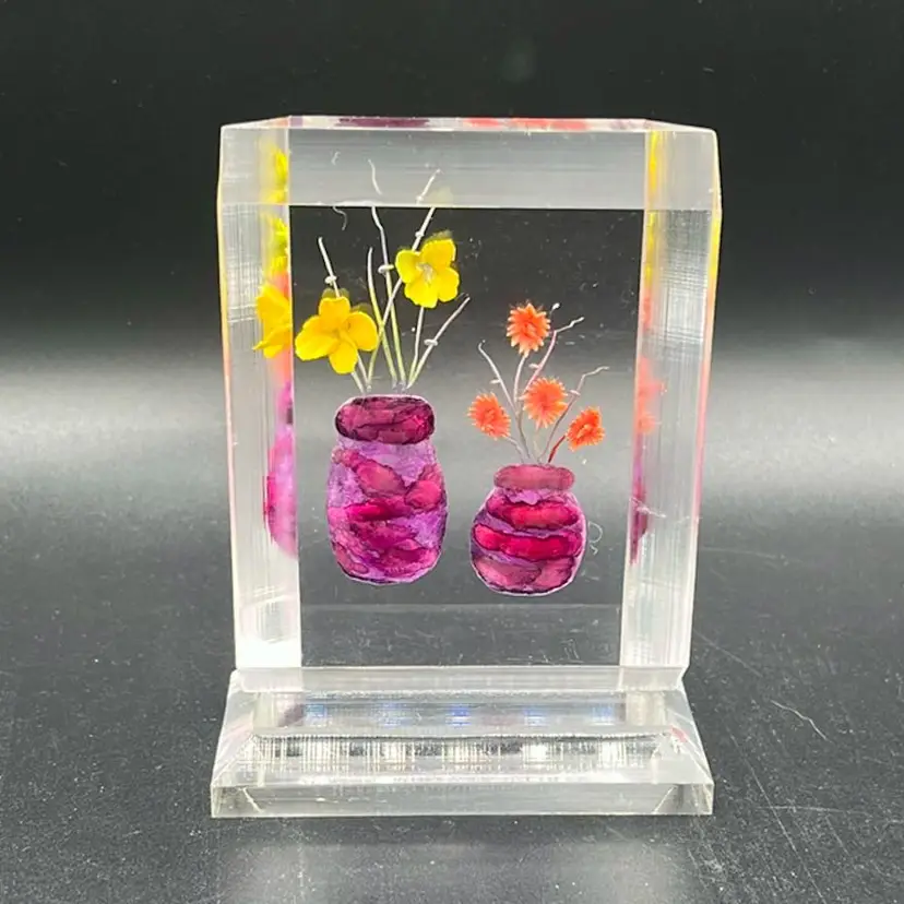 Lucite Reverse Carved Flower Pots Paper Weight