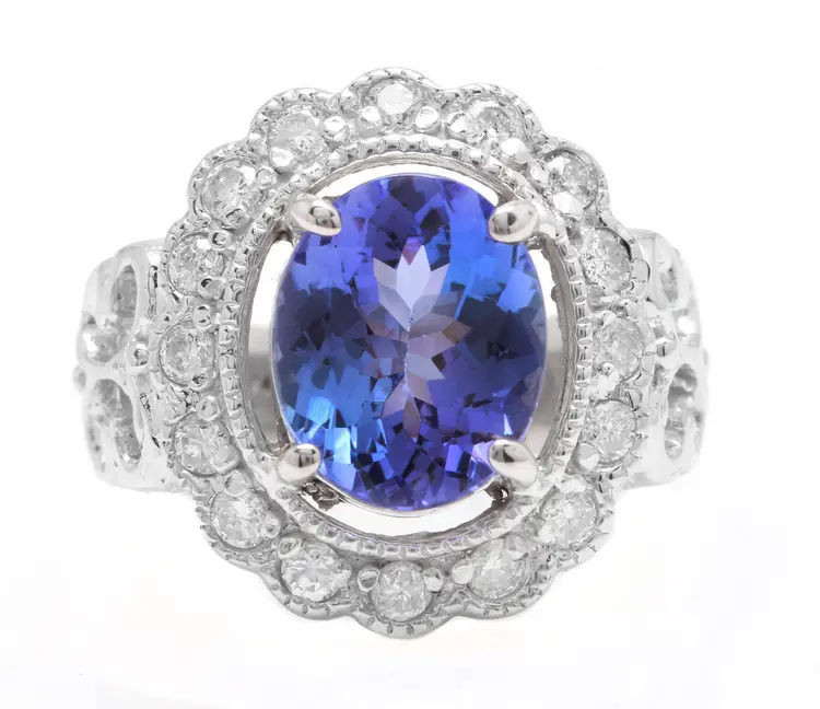 5.70 Carats NATURAL TANZANITE and DIAMOND 14K Solid White Gold Ring