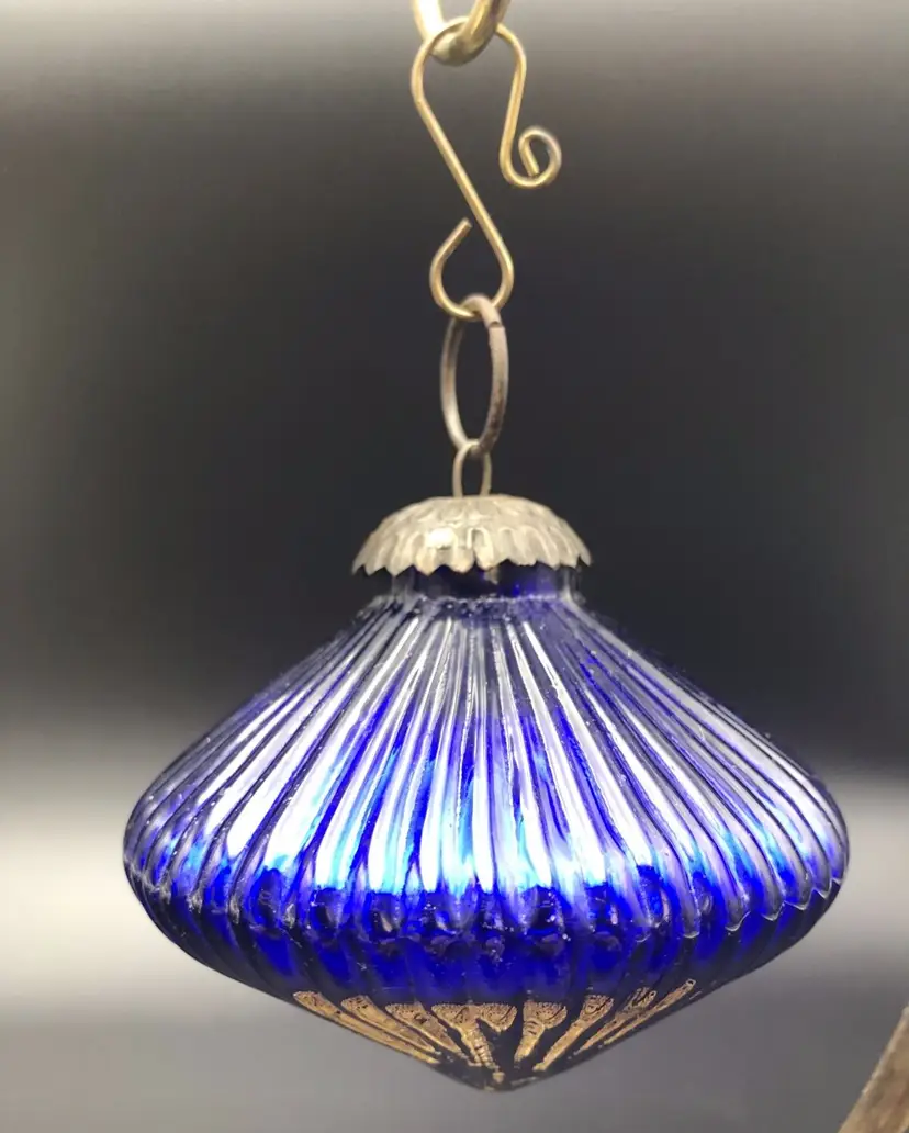 Antique Vintage Cobalt Blue Ribbed Glass Kugel Metal Cap Christmas Ball Ornament