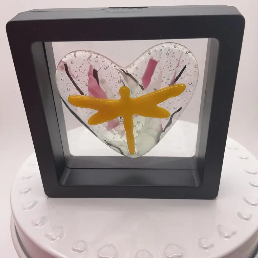 Made by Me! Fused Glass Pocket Heart Yellow Dragonfly 1.75" Handcrafted Studio Art