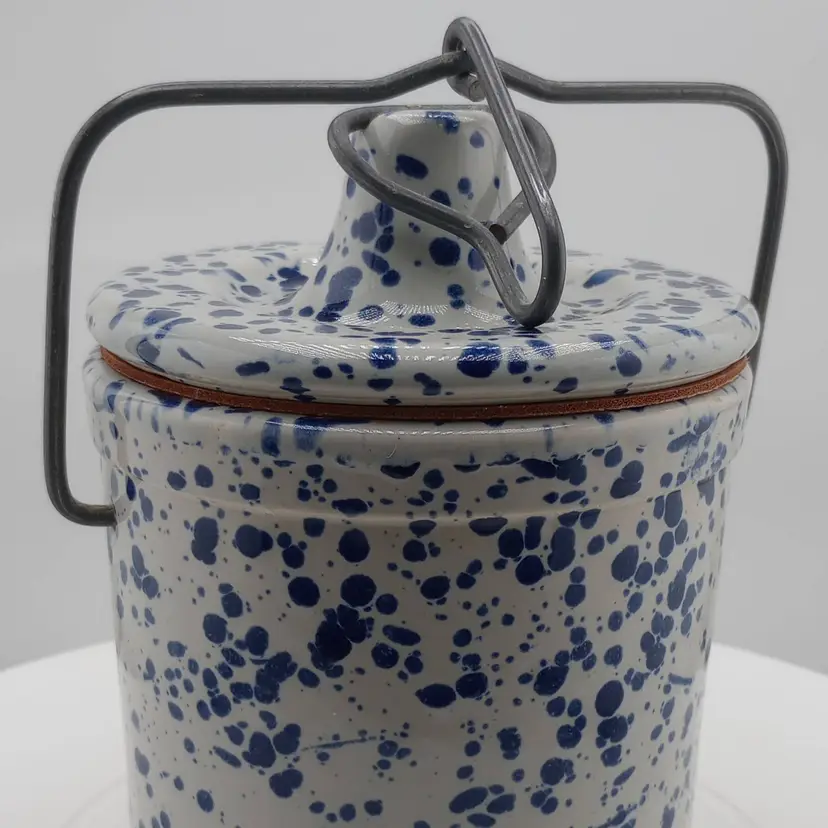 Vintage blue speckled stoneware cheese crock