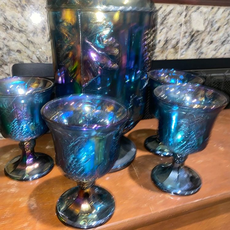 Blue carnival water set. pitcher and 4 glasses