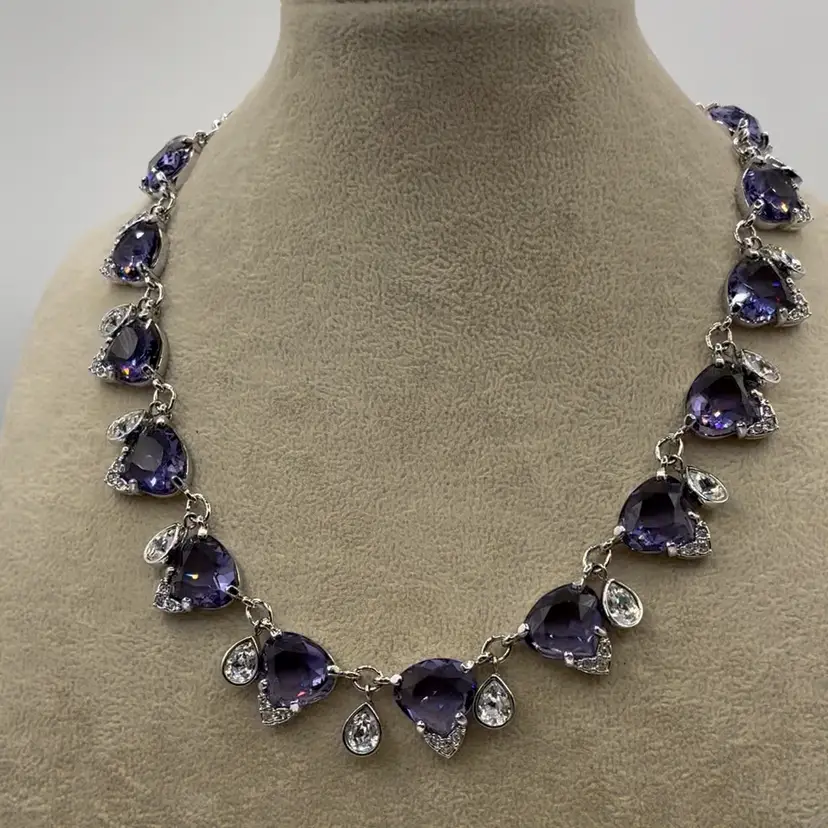 SWAROVSKI (Marked) Crystal Purple & Clear Silver Tone Tear Drop Necklace