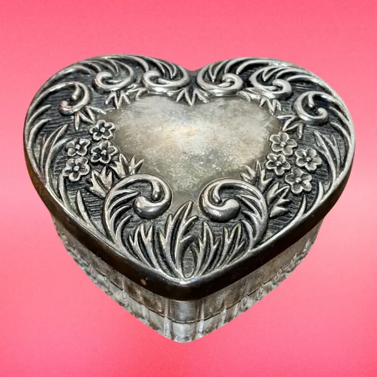 Vintage Glass Heart Shaped Trinket Dish with Metal Lid Love Gift