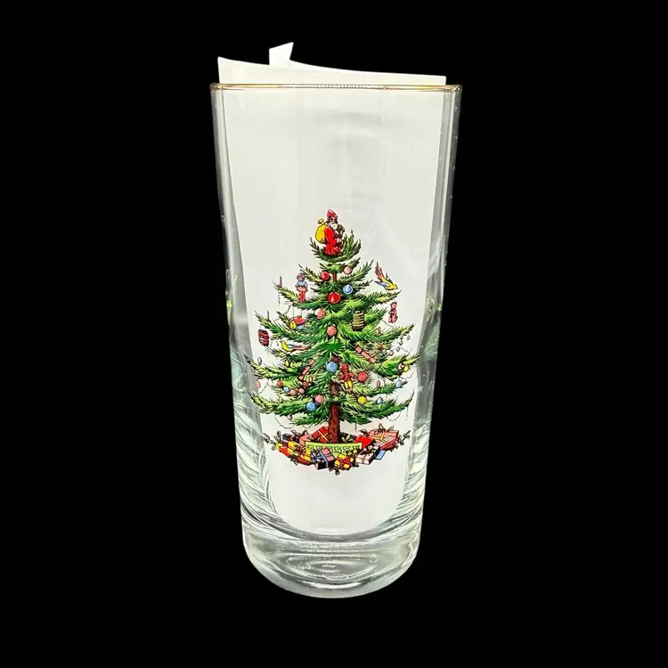 Spode Christmas Tree - 6” Highball Tumbler Drinking Glass Vintage Gold Trim