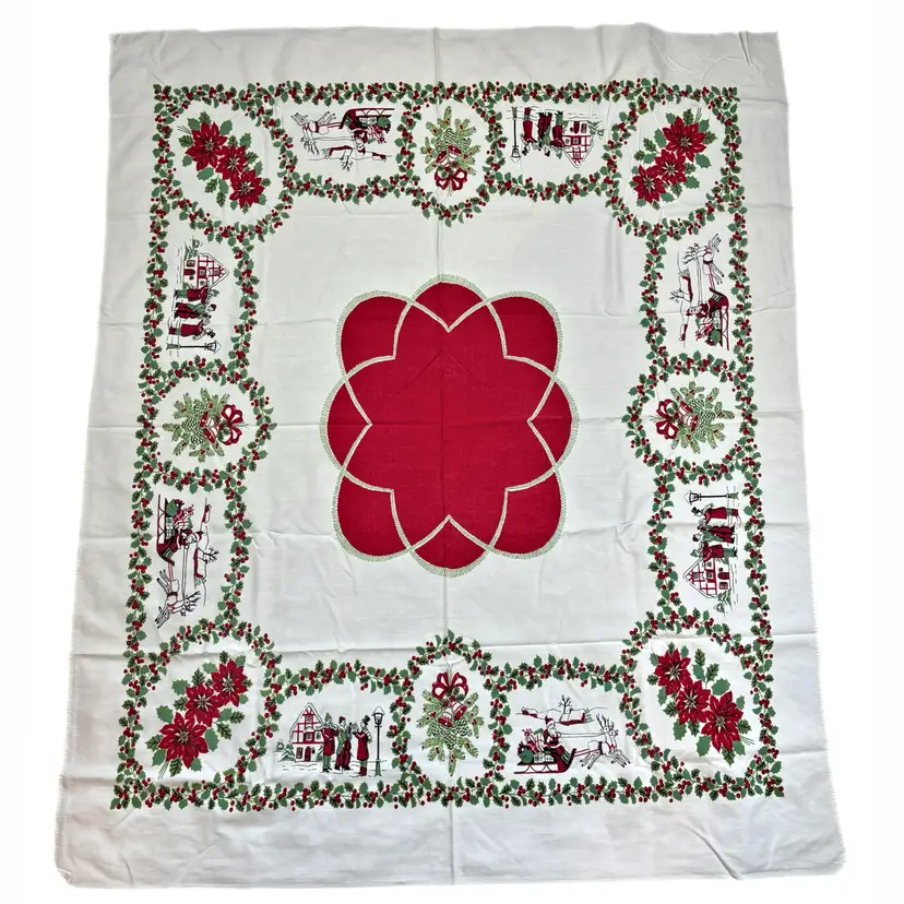 Christmas Tablecloth Santa Carolers Square Cotton 1960s Cottage Core Kitchy Vintage