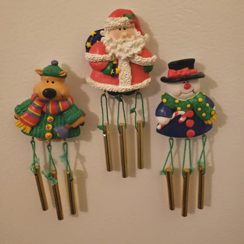 Christmas Magnets Santa & Friends each with Chimes set of 3 Resin & Metal 4.75"