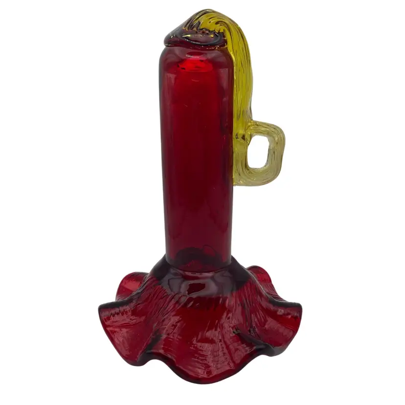 Vintage Red And Yellow Glass Hummingbird Feeder Top! 7” Tall 4 1/2” Wide! UV Glow! 🔥🔥🔥 Missing Stopper/Feeding Tube!