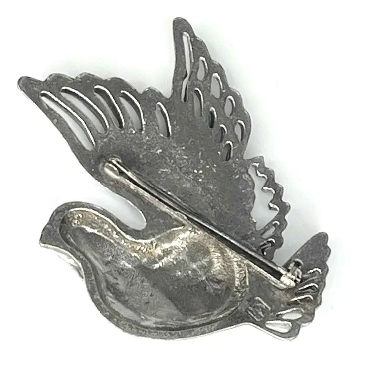 VTG 1950's Signed HP Pewter Turtle Dove Bird BROOCH 2.5" Pin / Pendant Silver