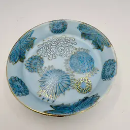 VTG Japan Fujita Kutani Blue Gold Chrysanthemum Dish Trinket Sauce Hand Painted 4 1/4” Diameter