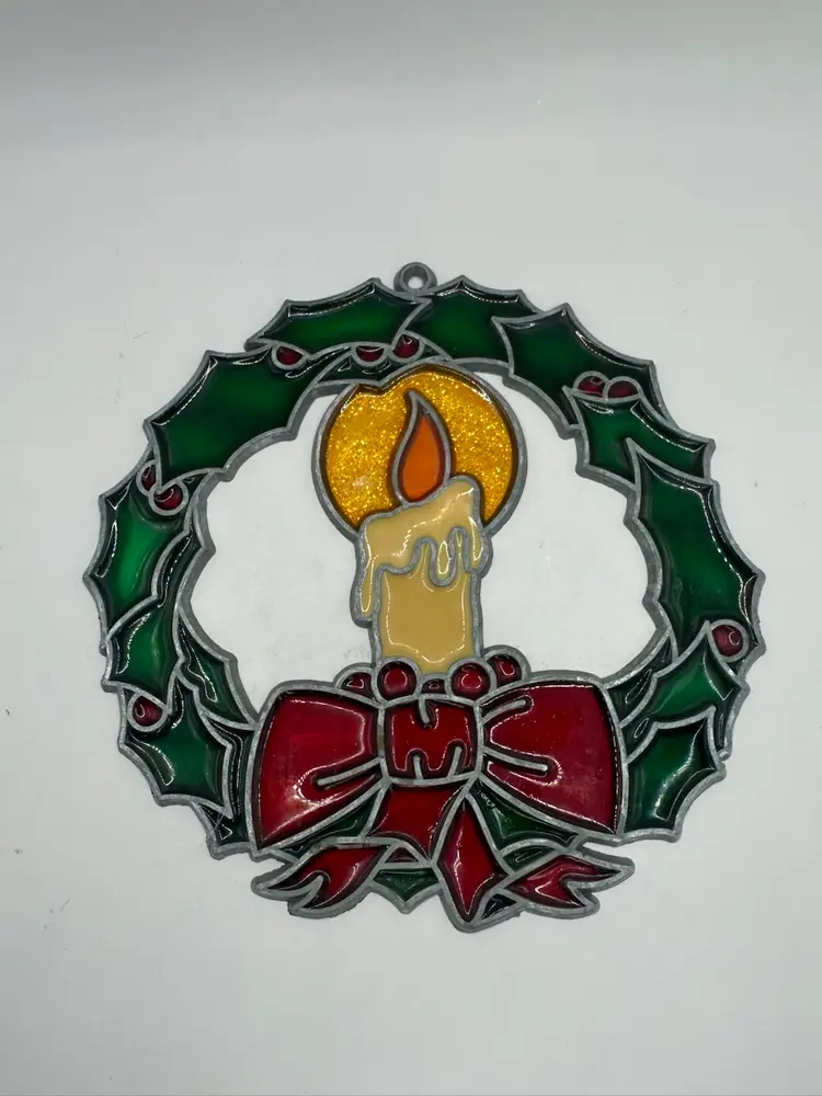 Vintage Christmas Holiday Wreath & Candle Stained Glass Suncatcher Ornament 7”