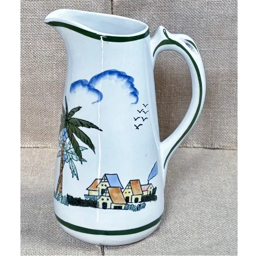 Vintage Tropical Island Ceramic Pitcher Vase Ocean Coastal Grandma Beach