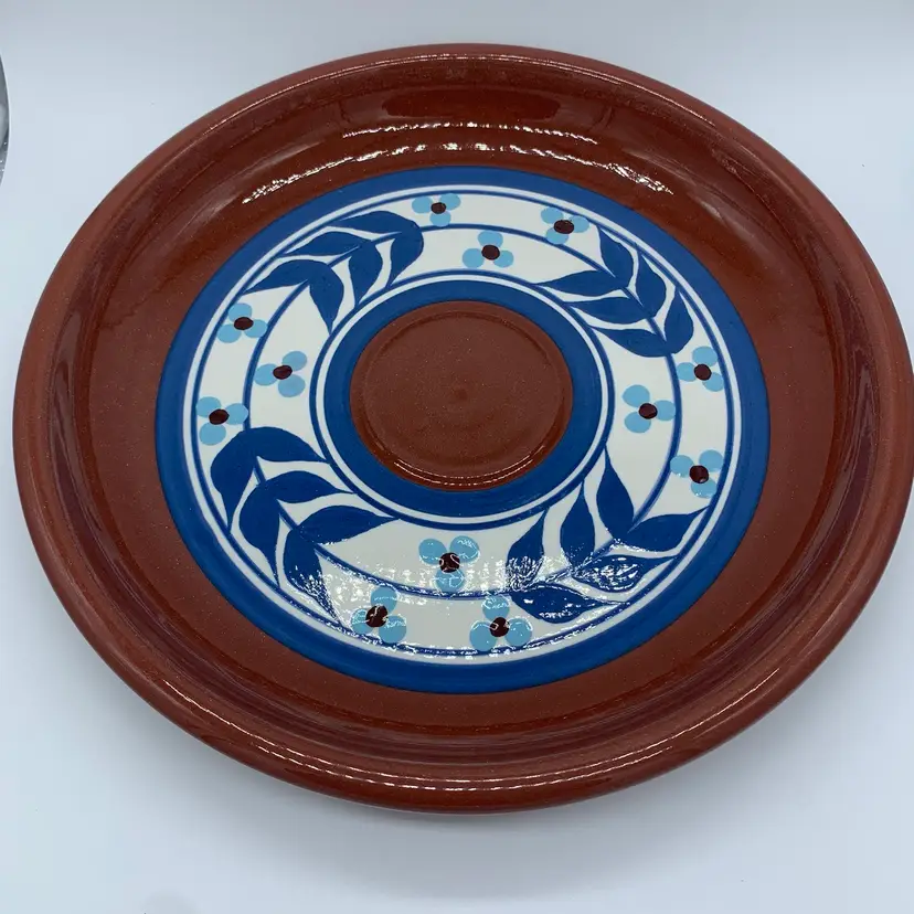 Redware Pottery Blue Floral 12” Serving Dish Plate Signed