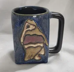 Mara Pottery Coffee Mug Fish Mexico Handmade 13.5 oz Blue