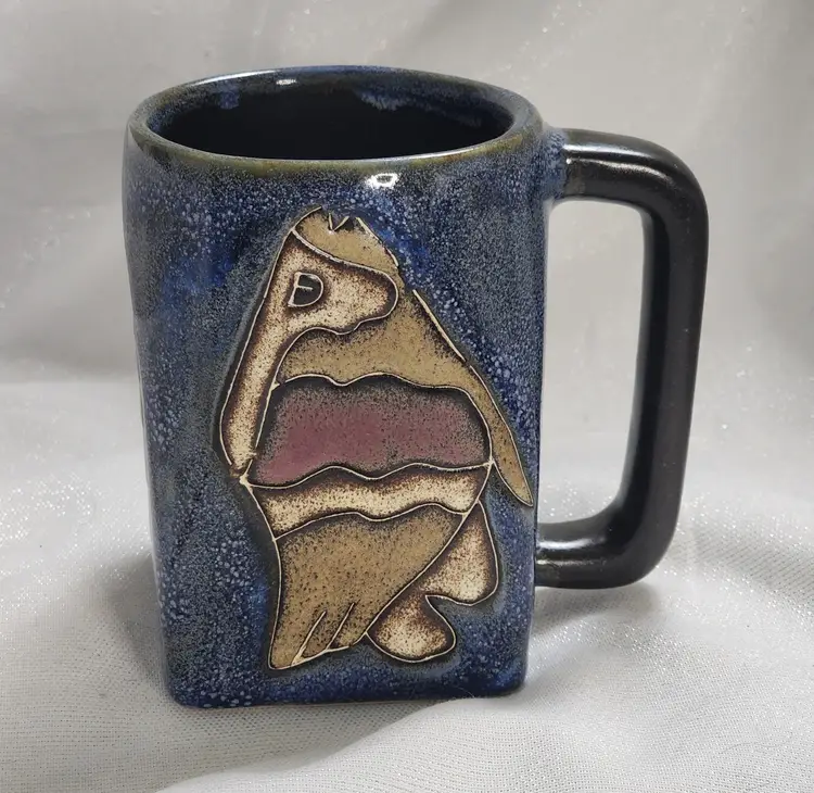 Mara Pottery Coffee Mug Fish Mexico Handmade 13.5 oz Blue