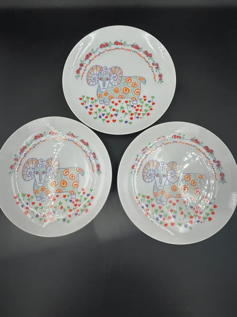 3 Vintage Seymour Mann safari Lunch Plates Ram Design In Original Box 1976 Japan