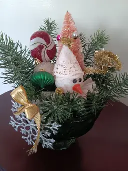 Kitsch-tastic Christmas Assemblage EO Brody Green Dish Snowman Bottlebrush Tree