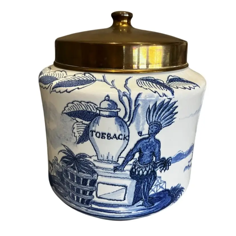 Vintage Zenith Gouda Delft Blue Holland Tobacco Jar Brass Top